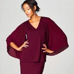 J Jill Bordeaux Pleated Bell Sleeve Top Womens Sz XL V Neck Flowing Dramatic NEW